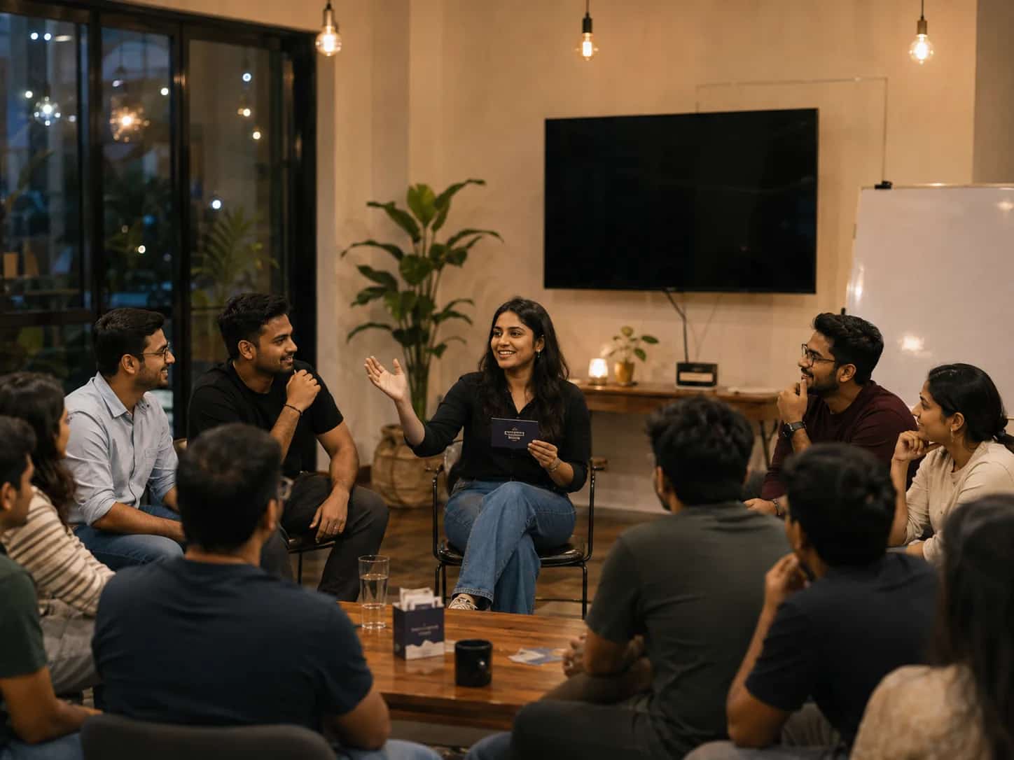A hosted discussion with the room listening in